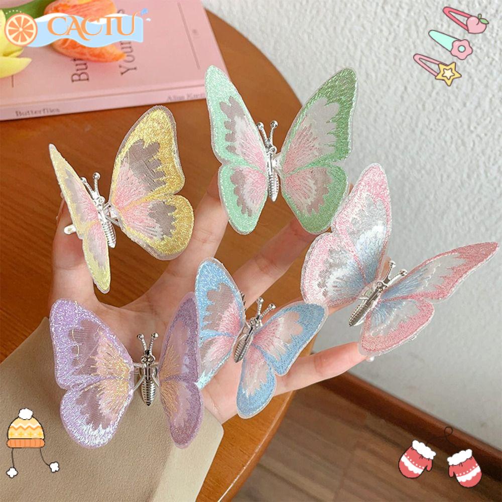 CACTU Kẹp Tóc Hai Lớp Thêu Hình Bướm Nhiều Màu Sắc Phong Cách Dành Cho Tuổi Teen