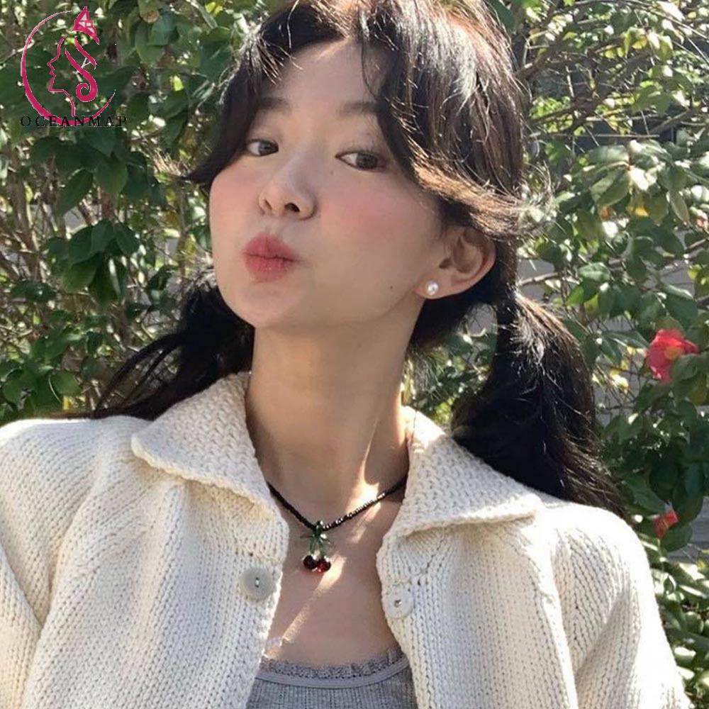 OCEANMAP Y2k Vòng Cổ Choker Hạt Đen Hình Cherry Phong Cách Hàn Quốc Làm Quà Tặng Sự Kiện