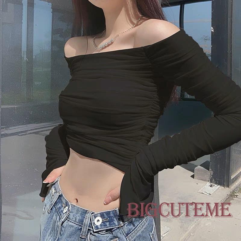 Áo Thun Crop Top Tay Dài Trễ Vai Màu Trơn Phong Cách Thời Trang Y2k Dành Cho Nữ