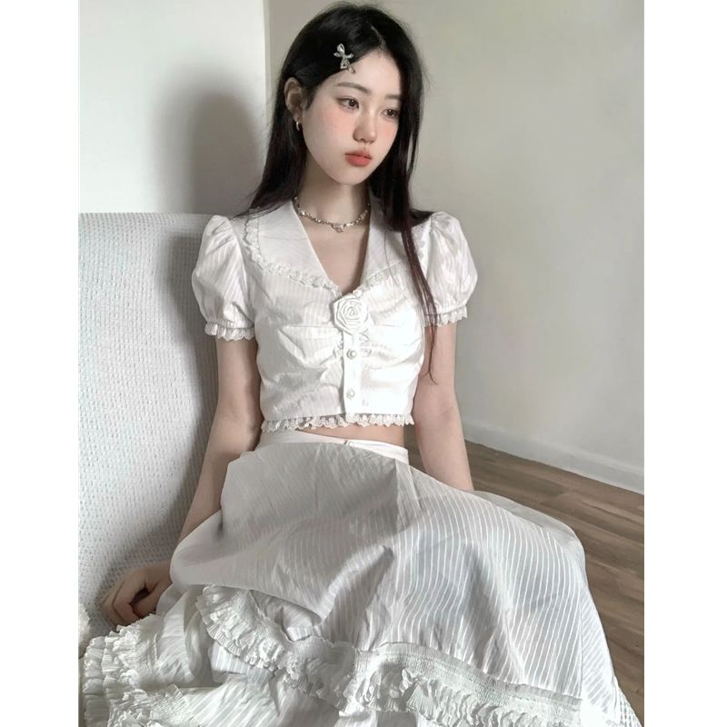 Áo Sơ Mi Tay Phồng Kèm Chân Váy Lưng Cao Thời Trang Mùa Hè Phong Cách Hàn Quốc Ngọt Ngào Cho Nữ