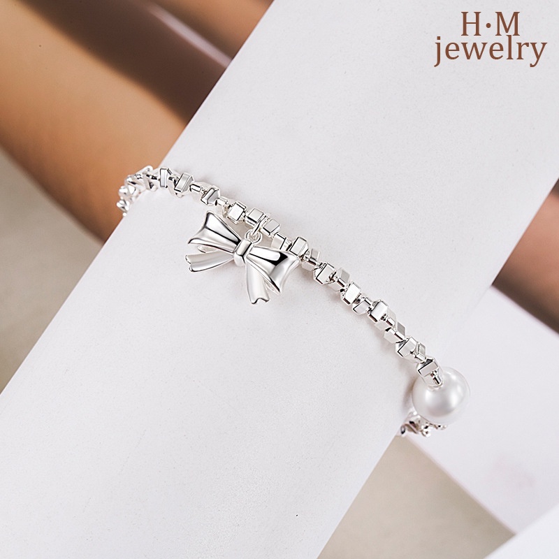 Vòng Tay Mạ Bạc 925 Hình Nơ Đính Ngọc Trai Đơn Giản Dễ Phối Đồ