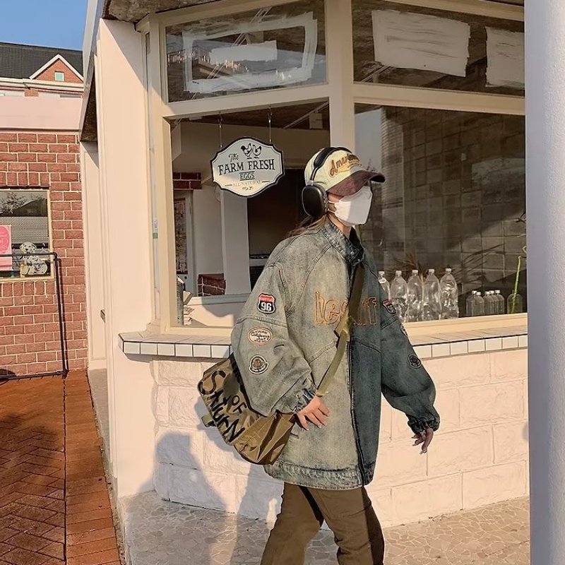 Áo Khoác Denim Cổ Đứng Thời Trang Retro Mỹ Cá Tính Cho Nam Nữ