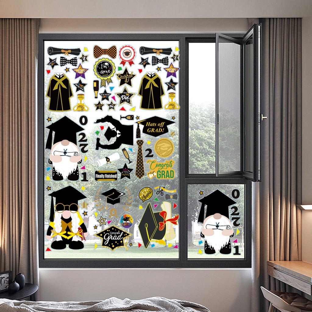 Set 9 Miếng Dán Cửa Kính Tự Dính In Họa Tiết Hoạt Hình Vui Nhộn Có Thể Tái Sử Dụng Trang Trí Lễ Tốt Nghiệp