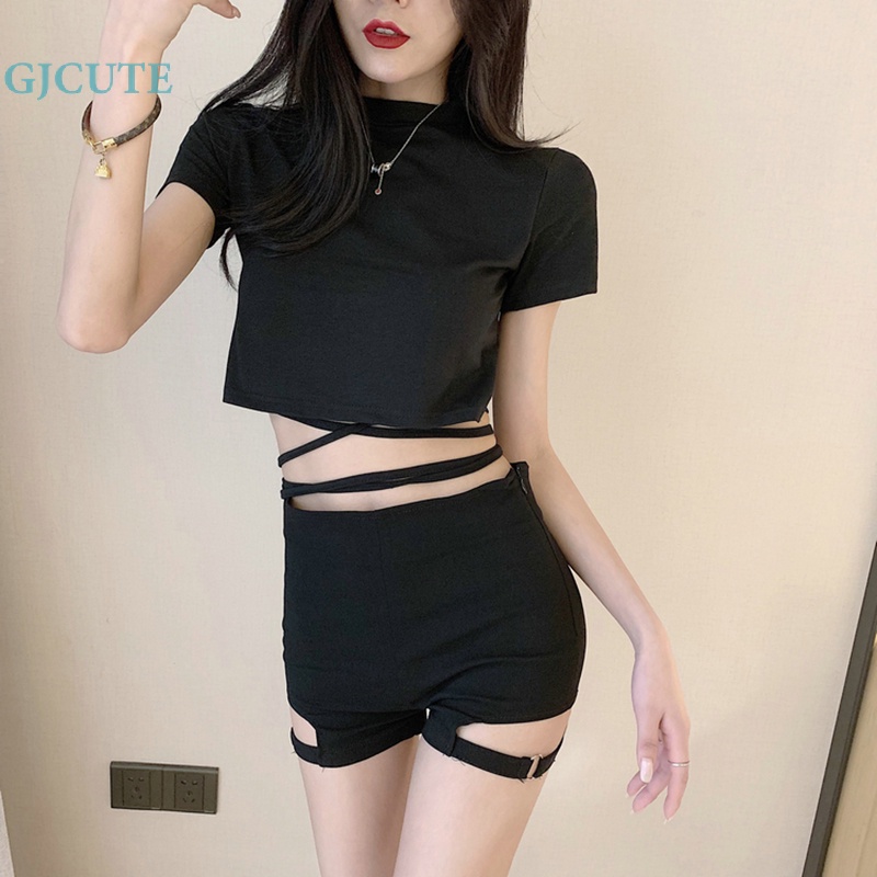 Set Áo Thun Ngắn Tay + Quần Short Lưng Cao Thời Trang Nữ