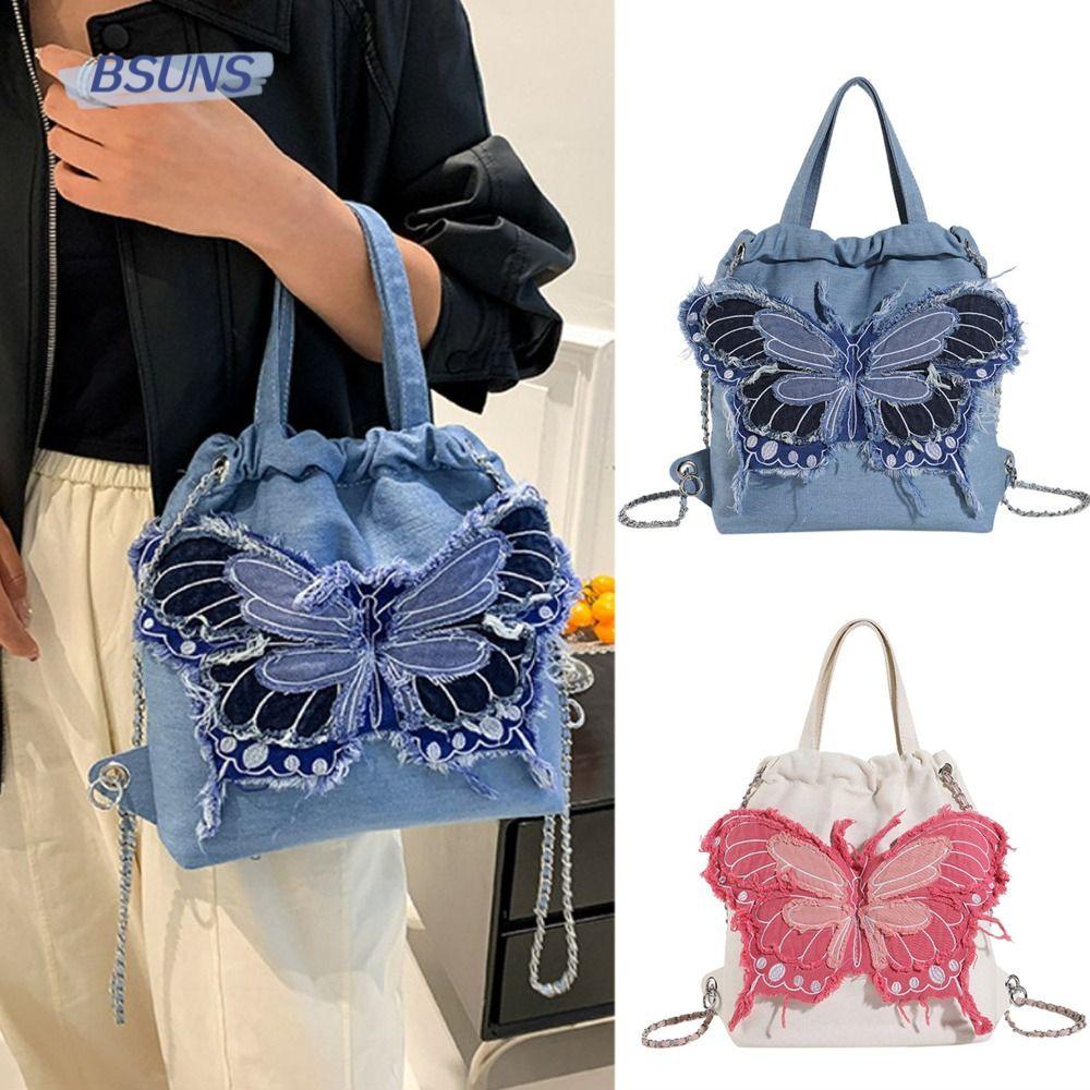 BSUNS Ba Lô Đeo Vai Vải Denim Đa Năng Sức Chứa Lớn In Họa Tiết Bướm Thời Trang Cho Nữ