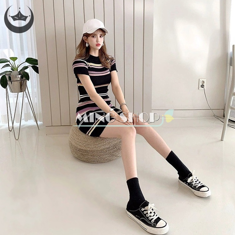 Đầm Mini Cổ Bẻ Họa Tiết Kẻ Sọc Phong Cách Hàn Quốc Thời Trang Mùa Hè Cho Nữ