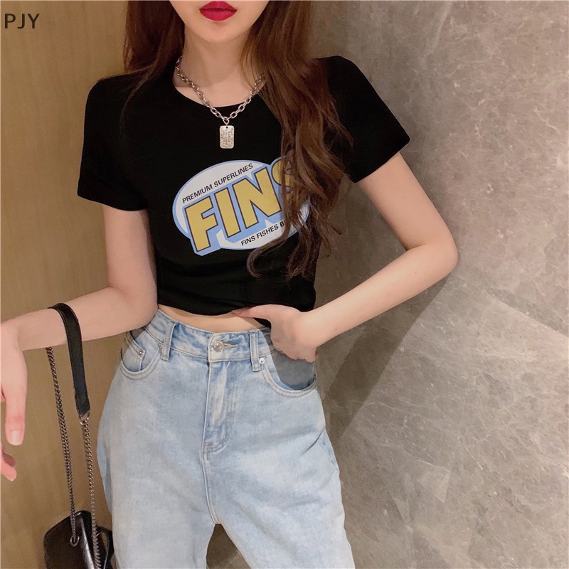 Áo Thun Crop Top Tay Ngắn Cổ Tròn In Chữ Phong Cách Retro Mỹ Thời Trang Mùa Hè Dành Cho Nữ PJ
