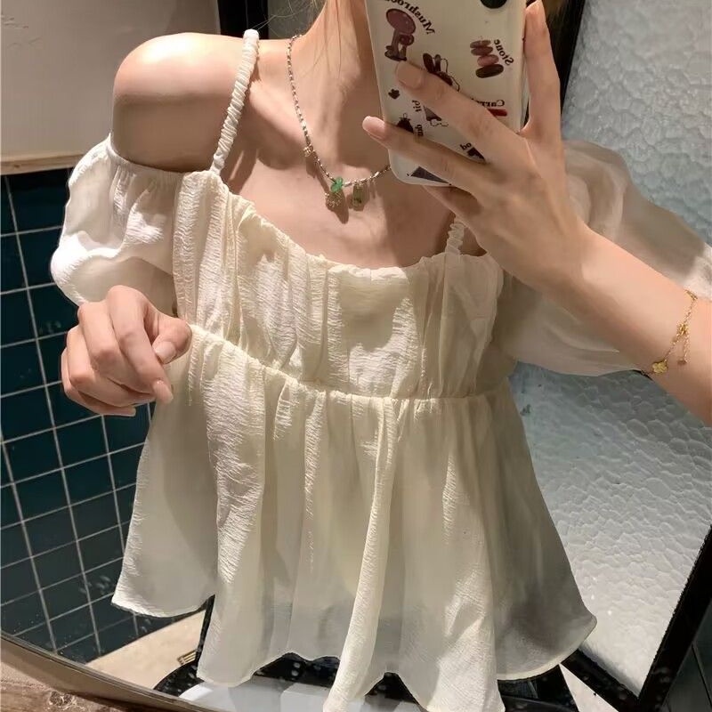 Áo Sơ Mi chiffon Tay Ngắn Hở Vai Dáng Rộng Phong Cách Nhật Bản Dành Cho Nữ