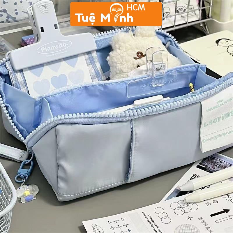 Túi bút to nhiều ngăn vải dù trống nước TB01, túi màu pastel đựng bút nhiều ngăn lớn tiện lợi
