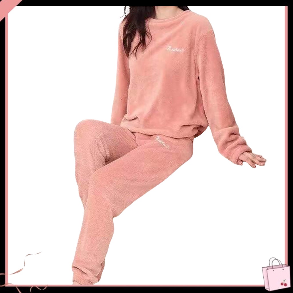 Bộ Đồ Ngủ 2 Món Tay Dài Dáng Rộng Cổ Tròn Lưng Thun Màu Trơn Thời Trang Xinh Xắn Cho Nữ