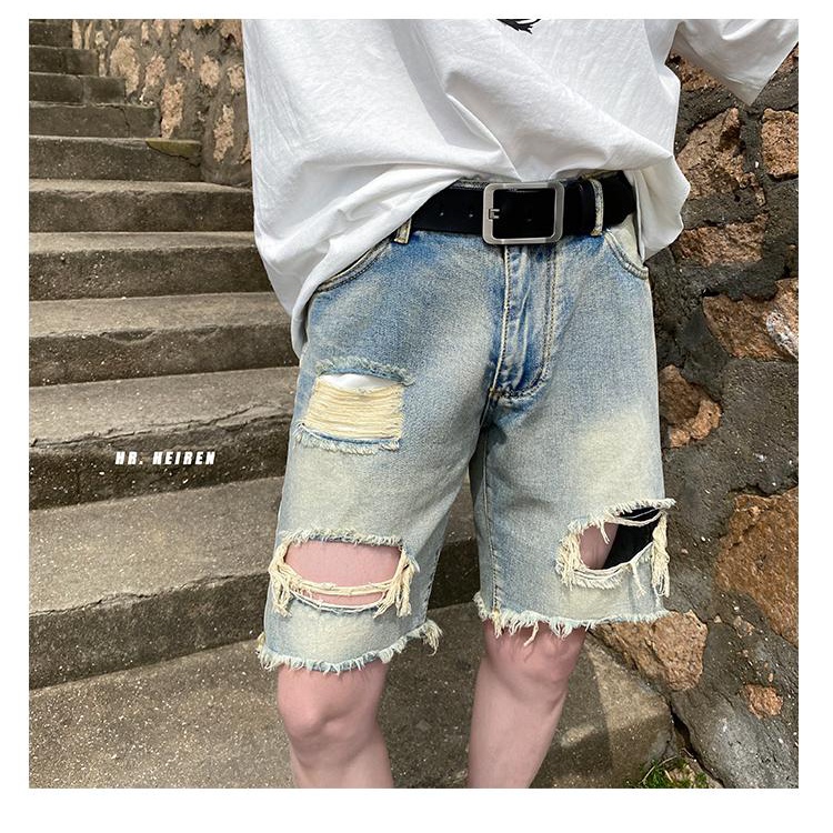 Quần Short Denim Phối Rách Thời Trang Đường Phố Mùa Hè Cho Nam