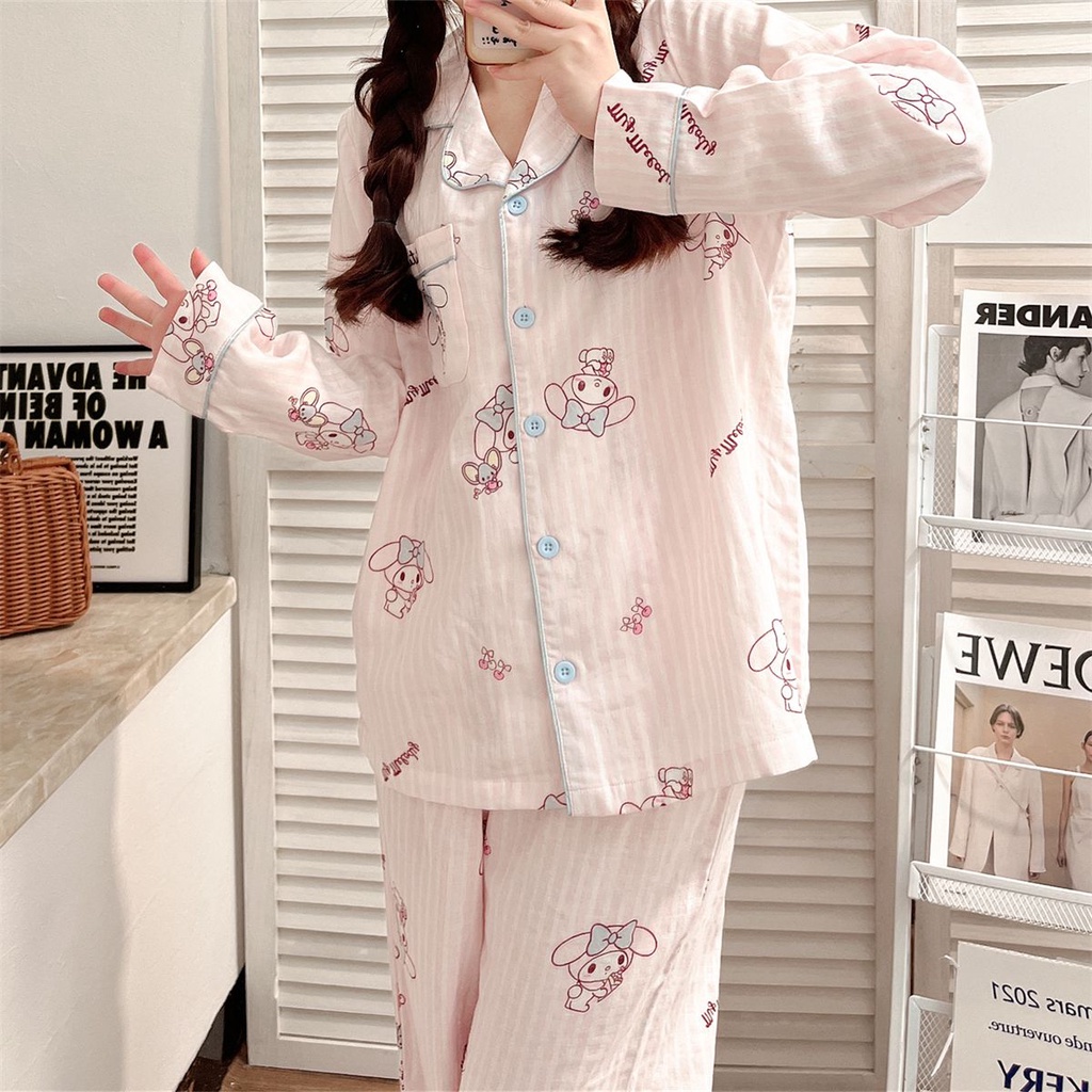 SANRIO Bộ Đồ Ngủ Tay Dài Họa Tiết Kẻ Sọc Hoạt Hình Melody Dễ Thương Thời Trang Xuân Thu Cho Nữ
