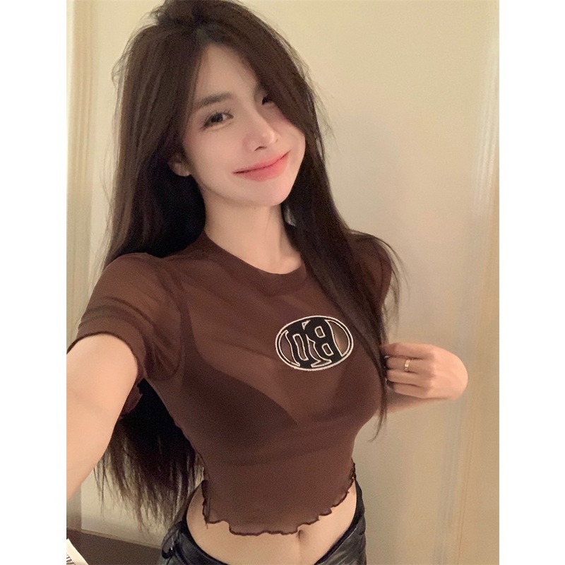 Áo Thun Lưới Cổ Tròn Ngắn Tay Thêu Họa Tiết Gợi Cảm