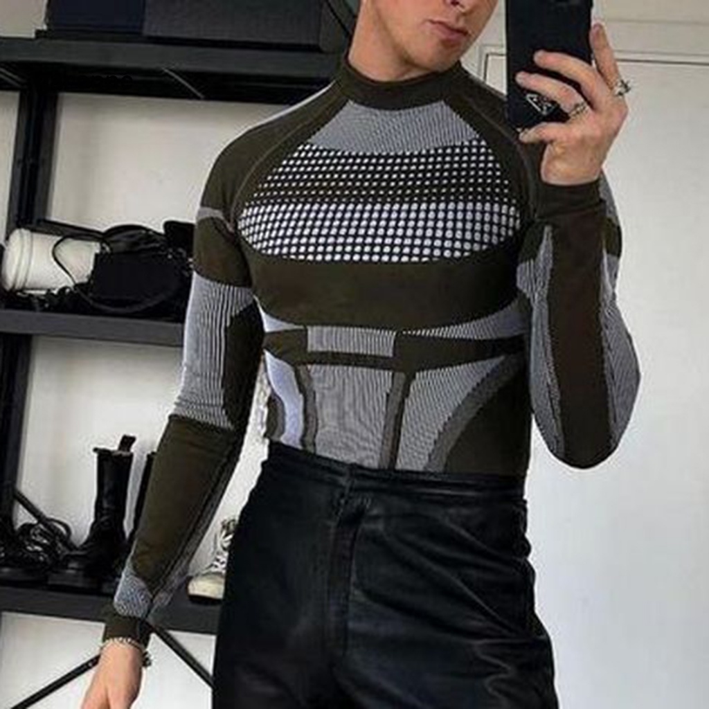 Áo Thun Tay Dài Cổ Cao Ôm Dáng Họa Tiết Kẻ Sọc Màu Sắc Tương Phản Thời Trang Mùa Đông Cho Nam