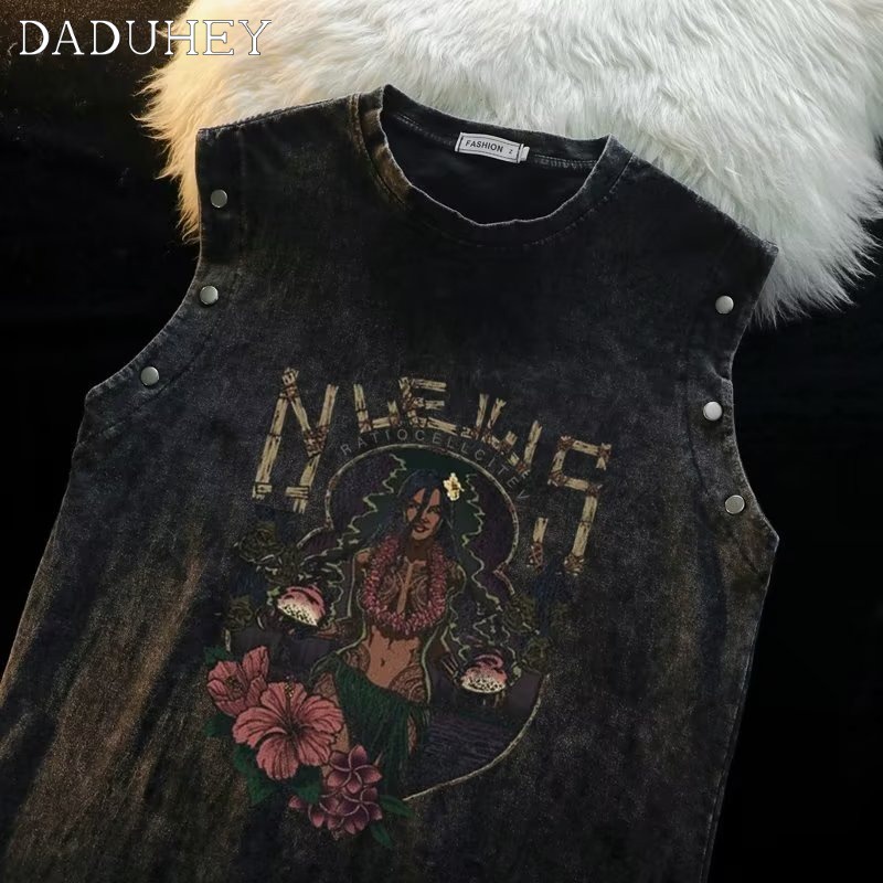 DaDuHey 2023 New Summer Fashion Printed Detachable Short-Sleeved T-shirt Men's American High Street Ins Fashion Retro Washed Loose round Neck Sleeveless Vest