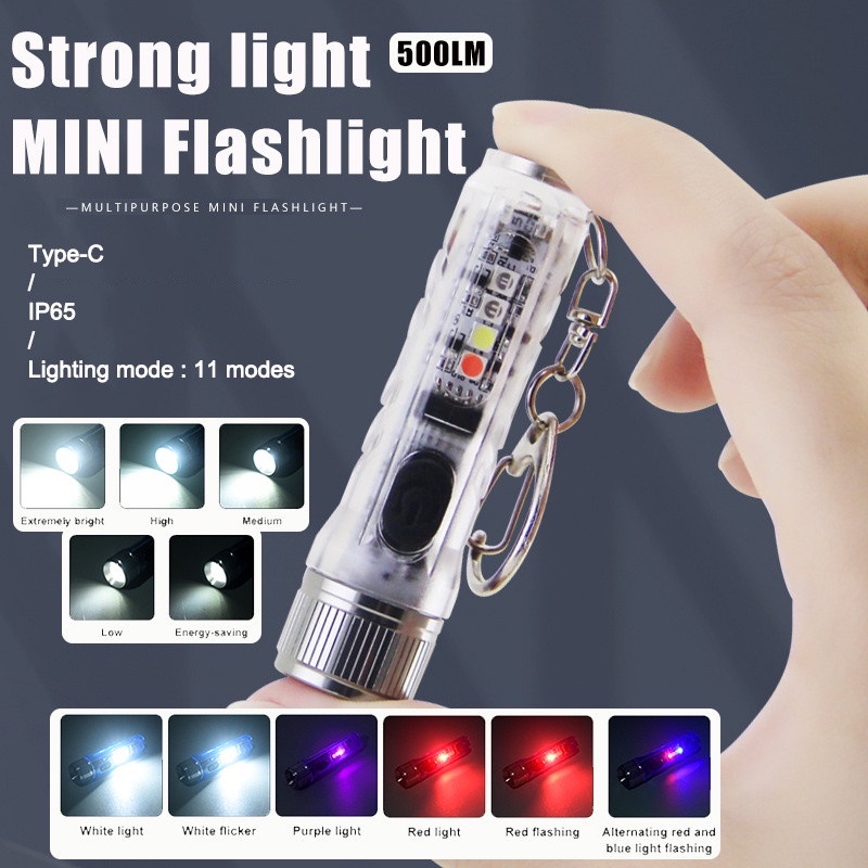 Đèn móc khóa Đèn pin mini Đèn pin sạc có độ sáng cao Đèn pin cắm trại ngoài trời Đèn móc chìa khóa di động Độ sáng cao 500LM