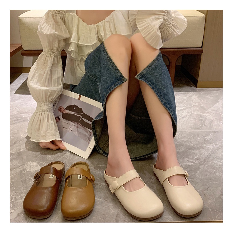 Dép Da Bít Mũi Phong Cách Retro Nhật Bản Thời Trang Xuân Hè Cho Nữ