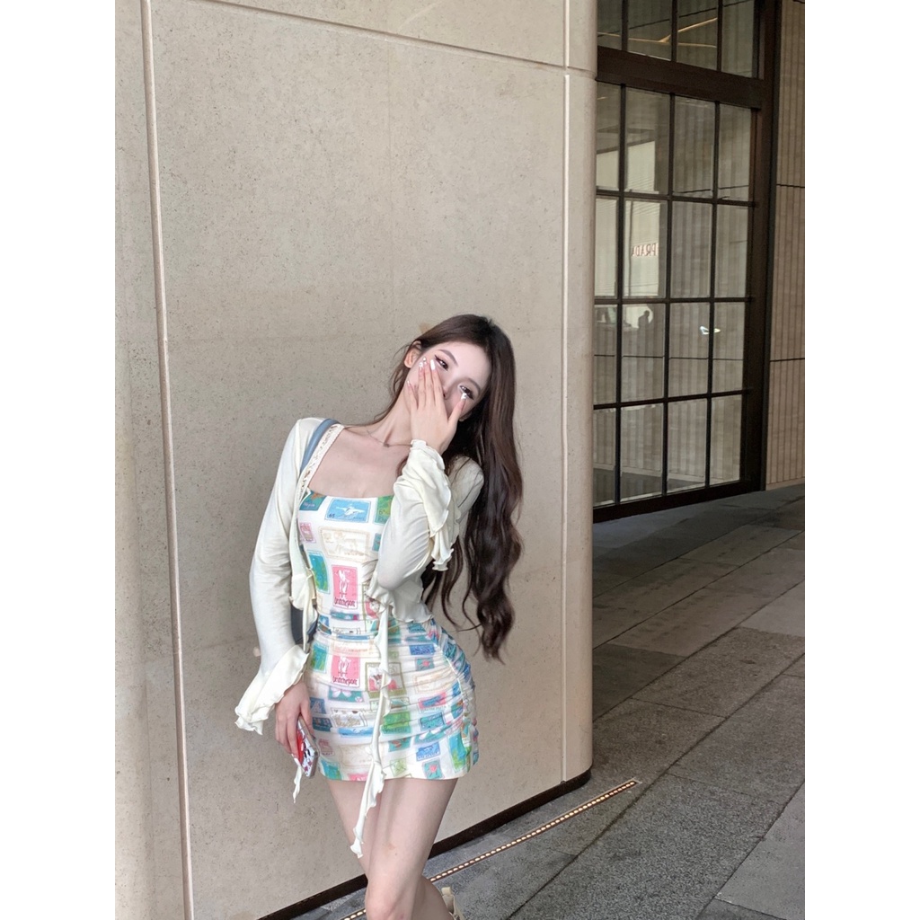 Set Áo Khoác Cardigan Chống Nắng + Chân Váy Ôm Eo Phối Họa Tiết Áp Phích Thời Trang Mùa Hè Cho Nữ