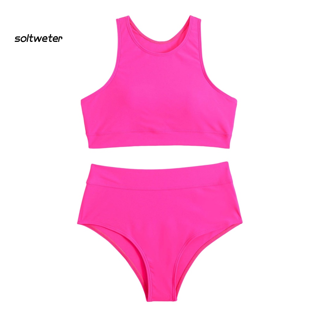 Bộ Bikini 2 Mảnh Không Gọng Cổ Tròn Lưng Cao Màu Trơn Cho Nữ