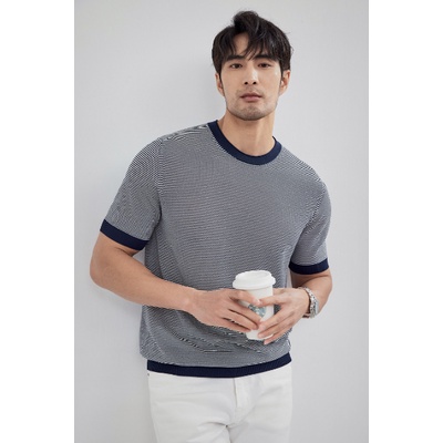 Áo Dệt Kim Tay Ngắn Cổ Tròn Họa Tiết Kẻ Sọc Màu Sắc Tương Phản Không Sắt