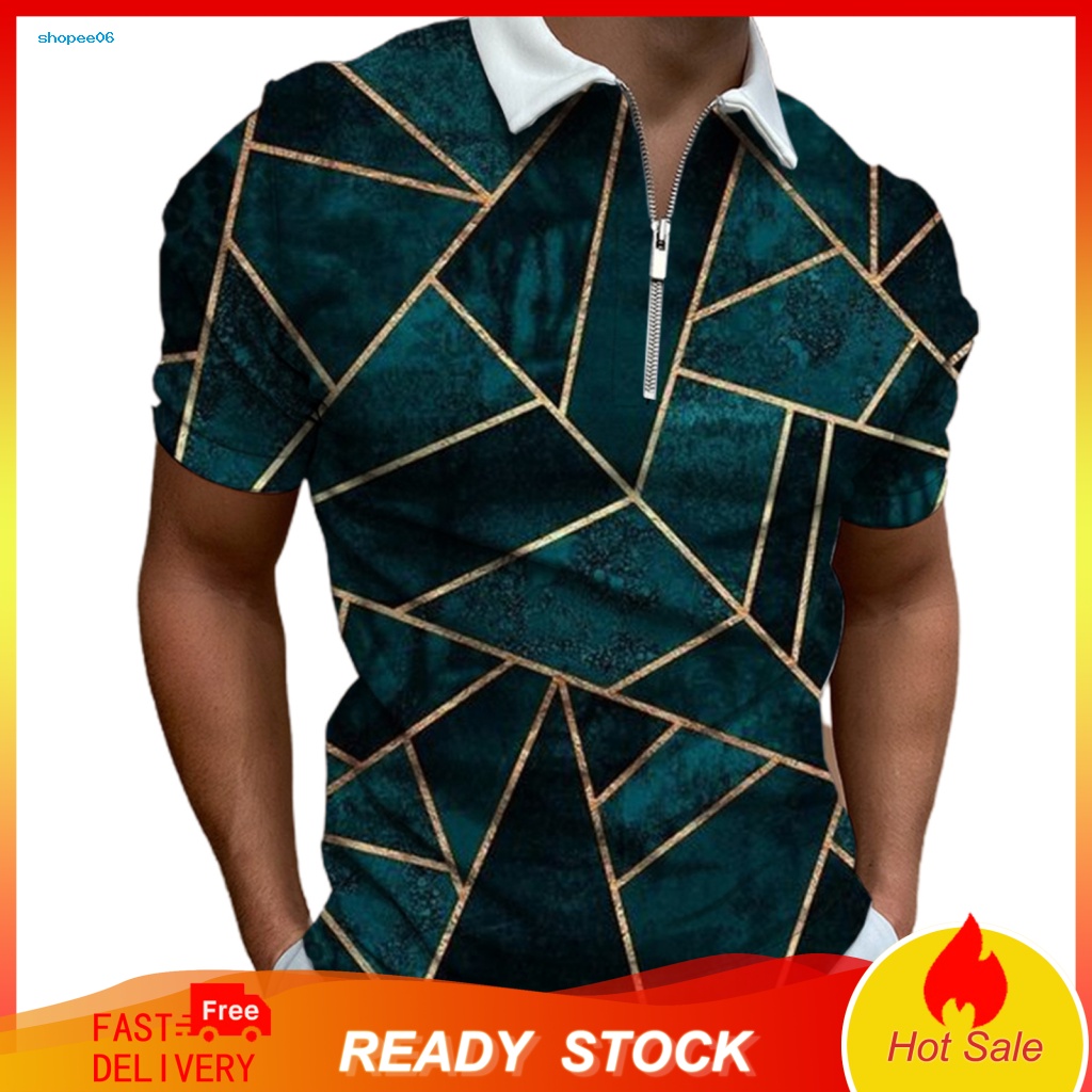 Áo Thun Tay Ngắn Cổ Bẻ Nhanh Khô In Họa Tiết Hình Học Phối Khóa Kéo Thời Trang Cho Nam