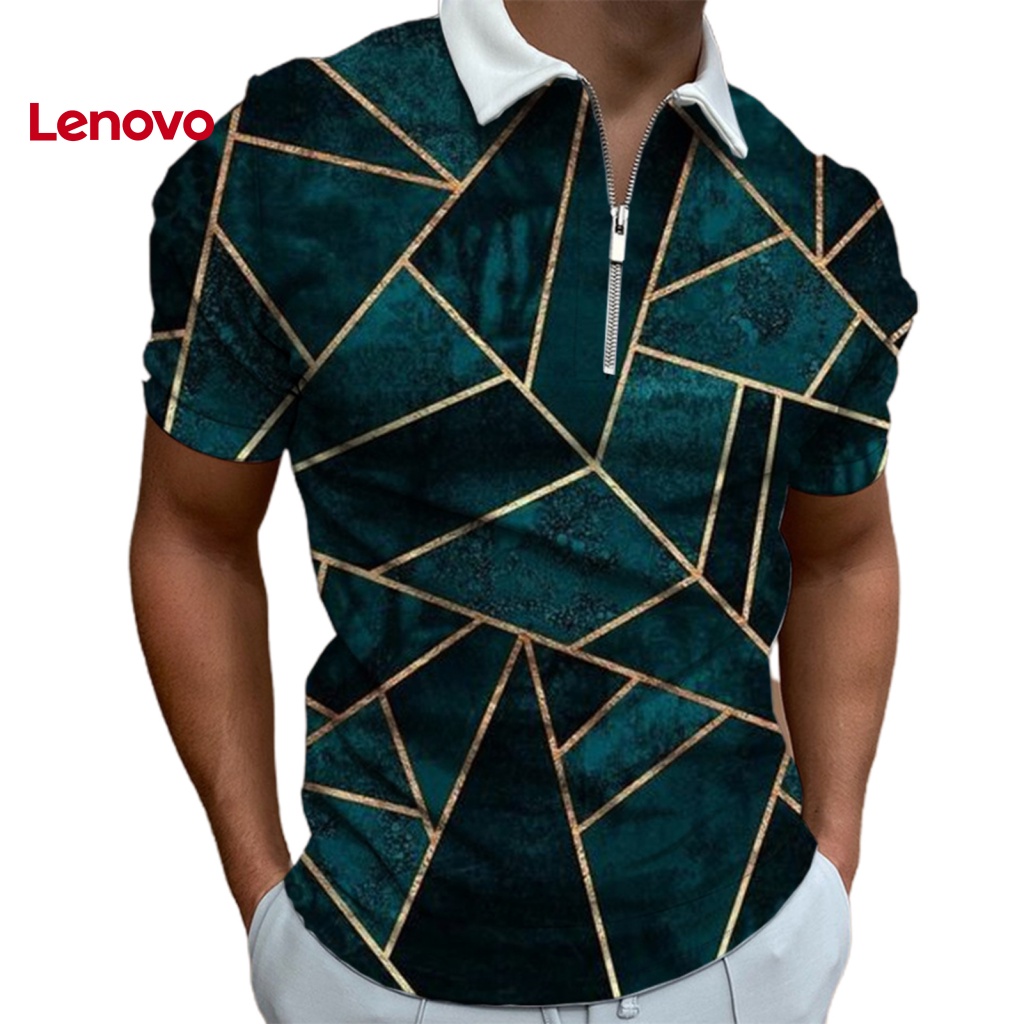 Áo Thun Tay Ngắn Cổ Bẻ In Họa Tiết Hình Học Phối Khóa Kéo Nhanh Khô Thời Trang Cho Nam