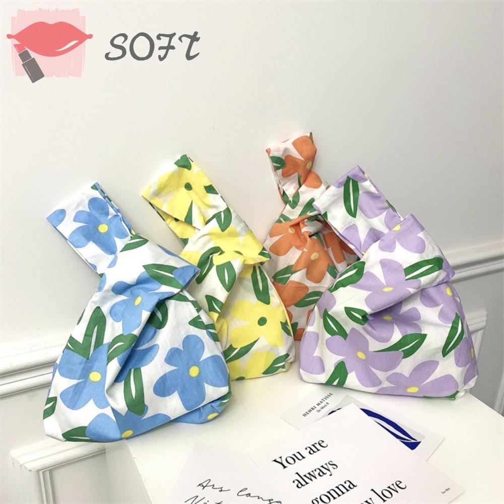 SOFTNESS Túi Vải Canvas Họa Tiết Hoa Thắt Nút Có Quai Cầm Tay Chống Nước Thời Trang Cho Nữ