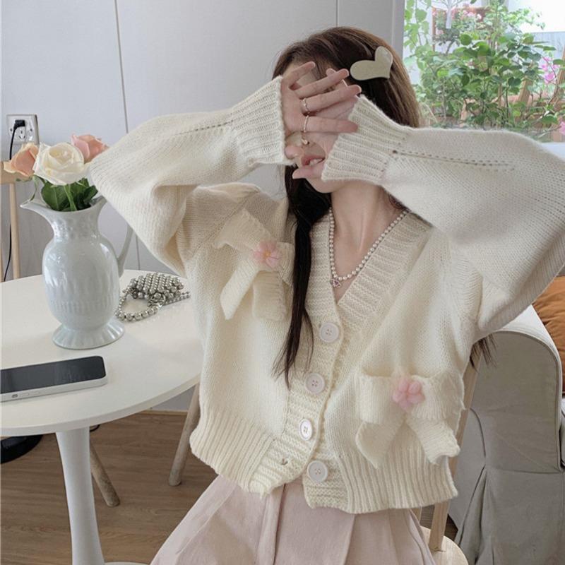 Áo Cardigan Dệt Kim Mềm Dáng Rộng Cổ Chữ V Thắt Nơ Xinh Xắn Thời Trang Cho Nữ