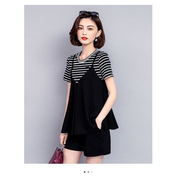 Set Áo Thun Tay Ngắn Kẻ Sọc + Quần Short Size Lớn 40-85KG C11133