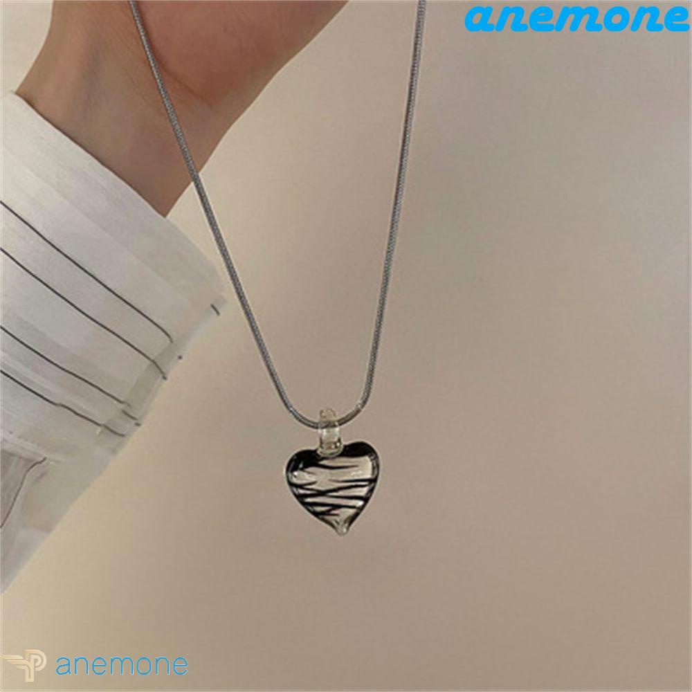 ANEMONE Vòng cổ Thép Titan Mặt Kính Họa Tiết Kẻ Sọc Phong Cách Vintage Hàn Quốc