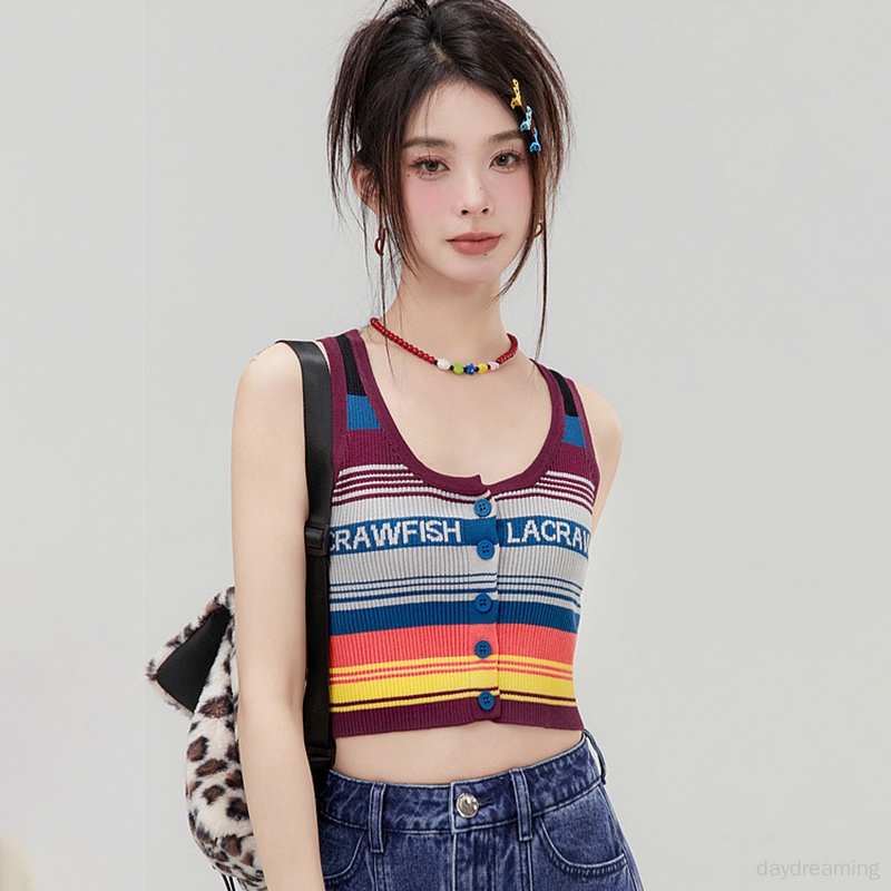 Áo Croptop Dệt Kim Sát Nách Họa Tiết Kẻ Sọc Cầu Vồng In Chữ Thời Trang Mùa Hè Cho Nữ