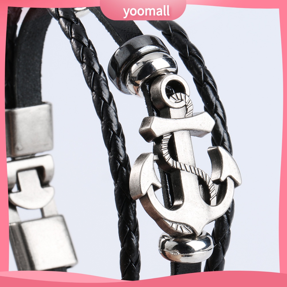 Vòng Tay Da Mặt Mỏ Neo Kim Loại Phong Cách Vintage Cho Nam