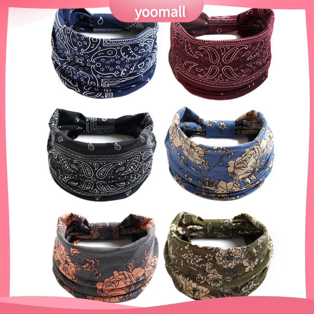Băng Đô Cài Tóc Bản Rộng Chống Trượt Thấm Hút Mồ Hôi In Họa Tiết Hoa Phong Cách Bohemia Cho Nữ
