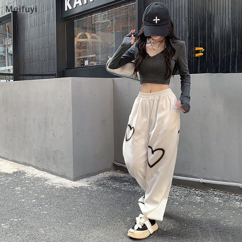 [Meifuyi] Heart Pring Sweatpants Women Loose Straight Joggers High Waist Wide Leg Pants Oversize Streetwear Korean Y2k Hip Hop Trousers COD