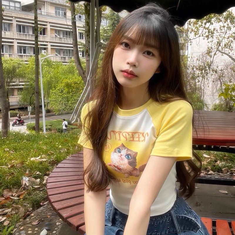 Áo Thun Cotton Croptop Cổ Tròn Thời Trang Mùa Hè Cho Nữ