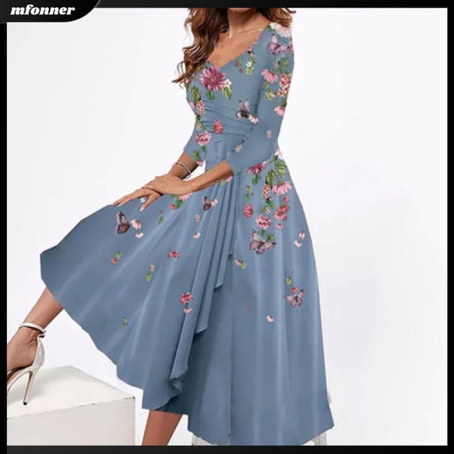 Đầm Midi Tay Lỡ 3 / 4 Dáng Rộng Cổ Chữ V In Hoa Thời Trang Mùa Hè Cho Nữ
