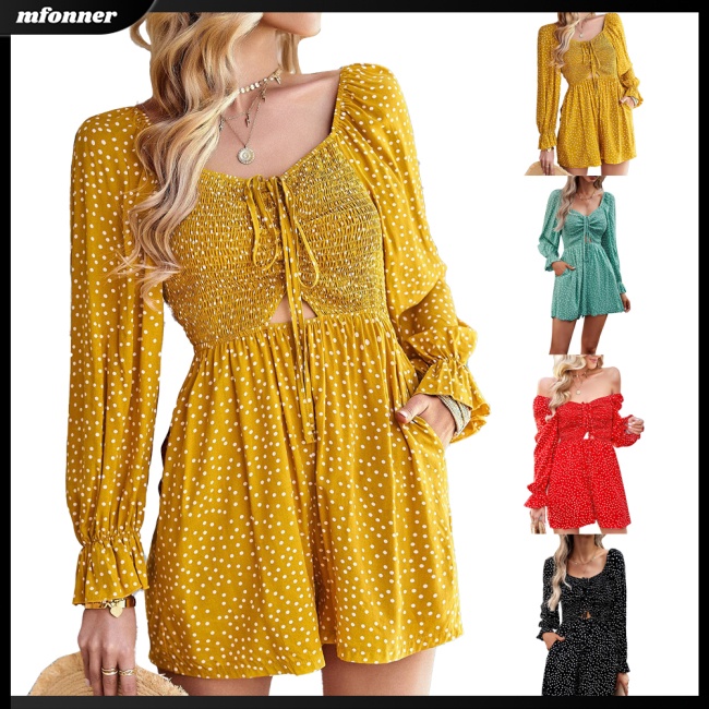 Bộ Áo Liền Quần Tay Dài Phồng In Họa Tiết Chấm Bi Thanh Lịch Cho Nữ