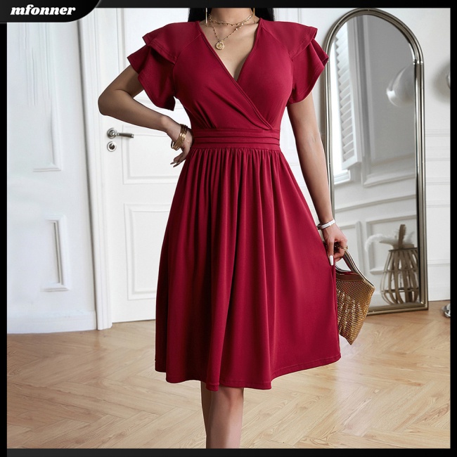 Đầm Midi Tay Ngắn Cổ Chữ V Màu Sắc Trơn Thanh Lịch Dành Cho Nữ