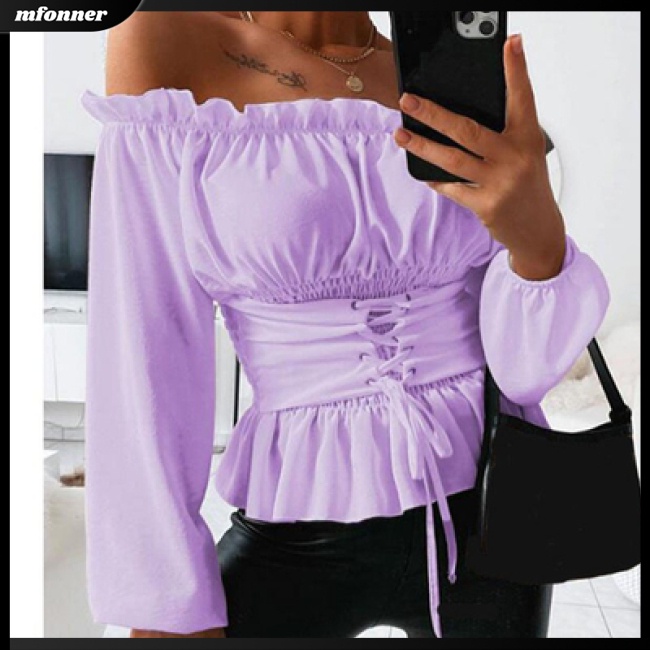 Áo Thun Trễ Vai Tay Dài Phối Bèo Màu Sắc Đơn Giản Cho Nữ