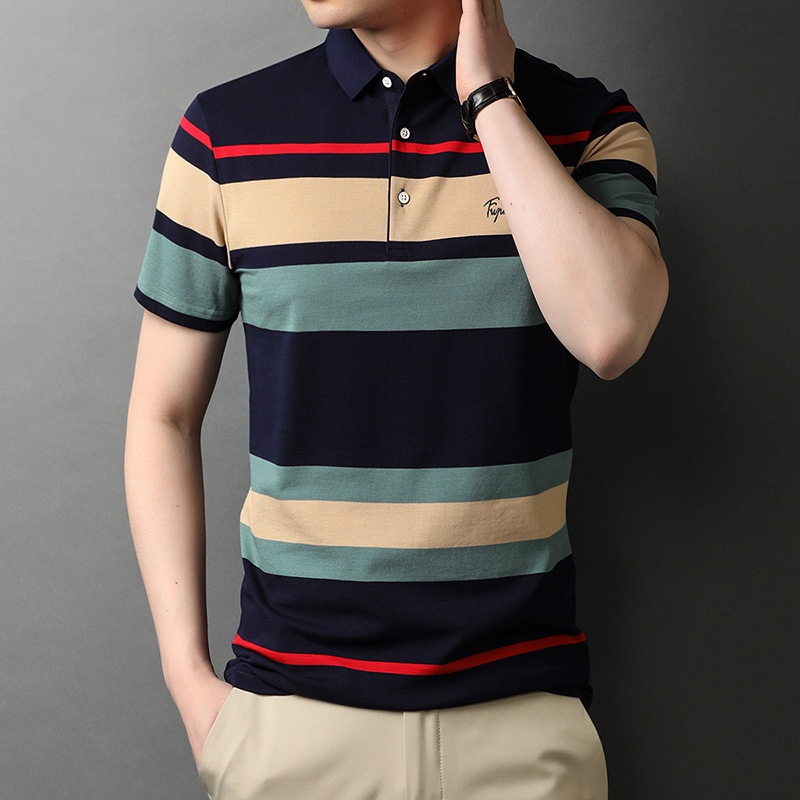 Áo Thun POLO Tay Ngắn Họa Tiết Sọc Ngang Bằng Cotton Thời Trang Cho Nam