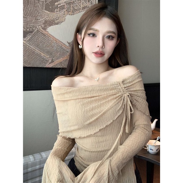 Áo Kiểu Trễ Vai Tay Loe Dài Phối Dây Rút Thời Trang Mùa Hè Cho Nữ