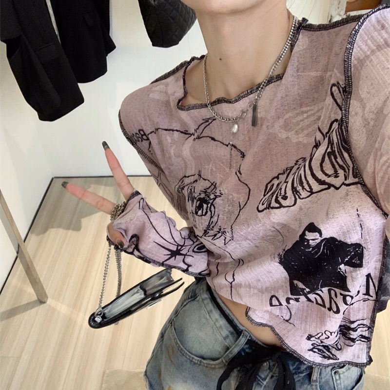 IELGY Áo Thun Tay Dài In Họa Tiết Graffiti Mỏng Thời Trang Mùa Hè Cho Nữ