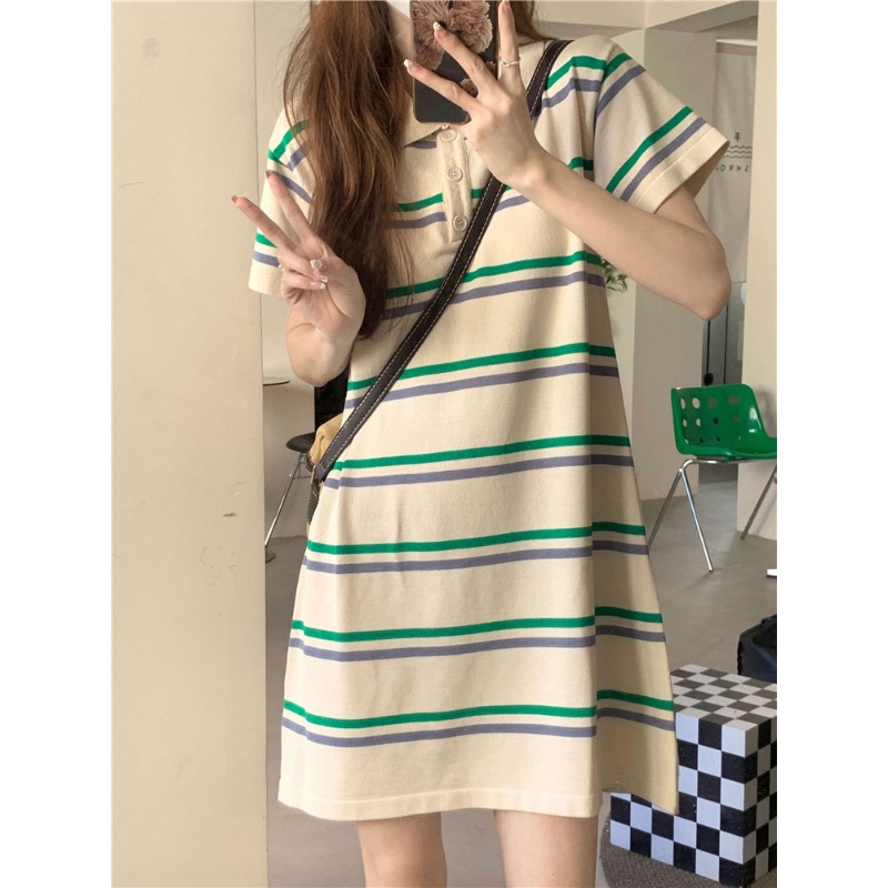 Đầm Dệt Kim Tay Ngắn Dáng Rộng Họa Tiết Kẻ Sọc Màu Sắc Tương Phản Thời Trang Mùa Hè