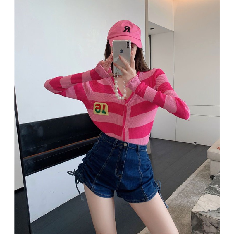 Áo Khoác Cardigan Dệt Kim Mỏng Cổ Chữ V Họa Tiết Kẻ Sọc Màu Xanh Lá Thời Trang Cho Nữ