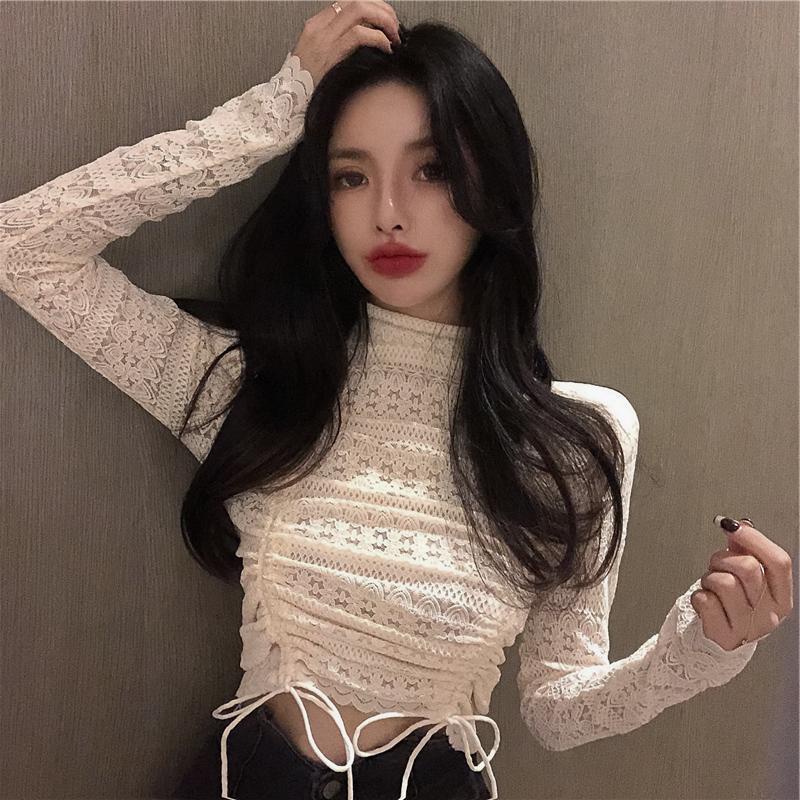 Jiashucheng Áo Sơ Mi Ngắn Ôm Tay Dài Cổ Cao Phối Ren Thời Trang Thu Đông Phong Cách Pháp Mới Cho Nữ