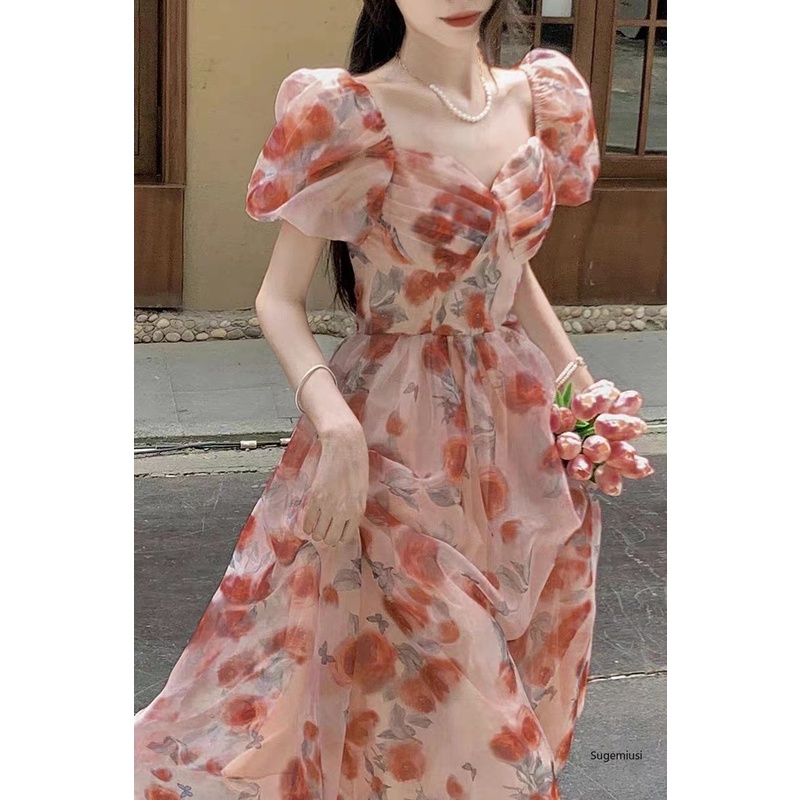 Sugemiusi Đầm Công Chúa Cổ Vuông Nhấn Eo Họa Tiết Hoa Nhí Xinh Xắn Phong Cách Pháp Thời Trang Mùa Hè Cho Nữ