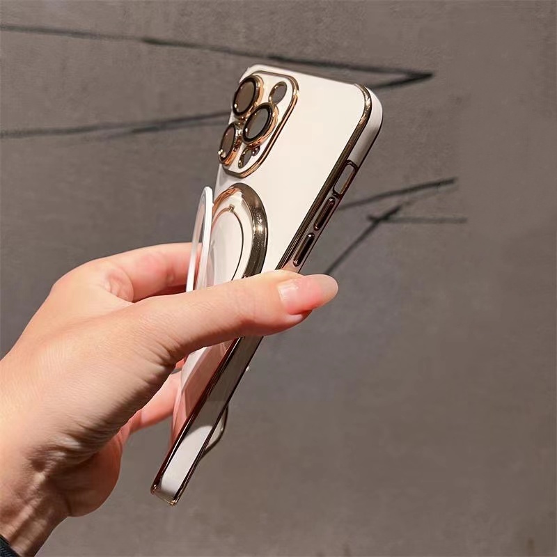 Bông Tai Mạ Sang Trọng Xoay 360 Độ° Ốp Điện Thoại Mềm Có Giá Đỡ Từ Tính Và Bảo Vệ Ống Kính Máy Ảnh Cho 11 12 13 14 Pro max 14plus