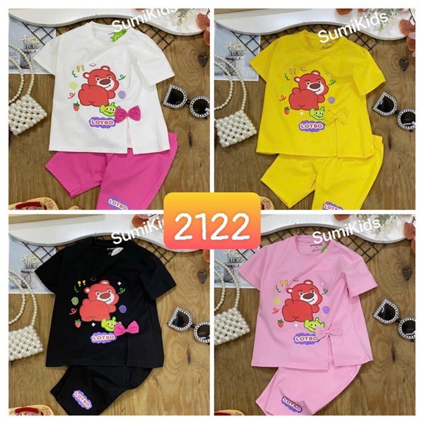 (2) Sumikids. Bộ thun ngố bé gái gấu dâu xẻ lai 4 màu sz 14/15