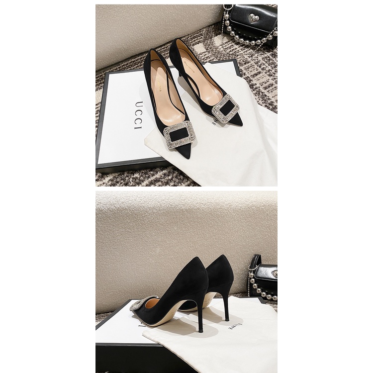 2022 autumn and winter rv all-match suede rhinestone square buckle black high heels women's thin heel pointed professional shoes O8DS