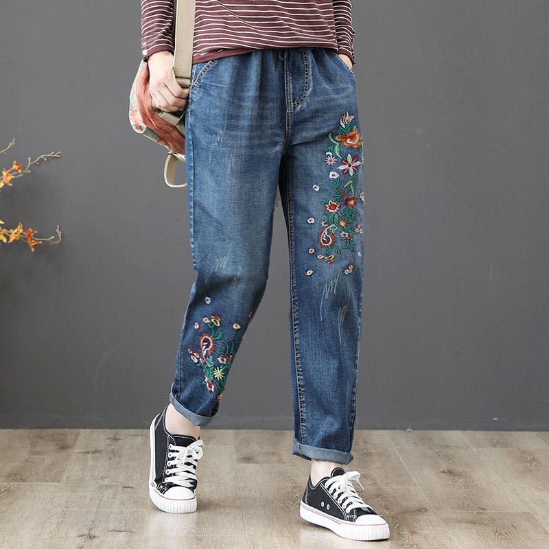 Quần Jeans Lửng Lưng Thun Ống Rộng Thêu Họa Tiết Cổ Điển Mùa Hè 2023 Dành Cho Nữ